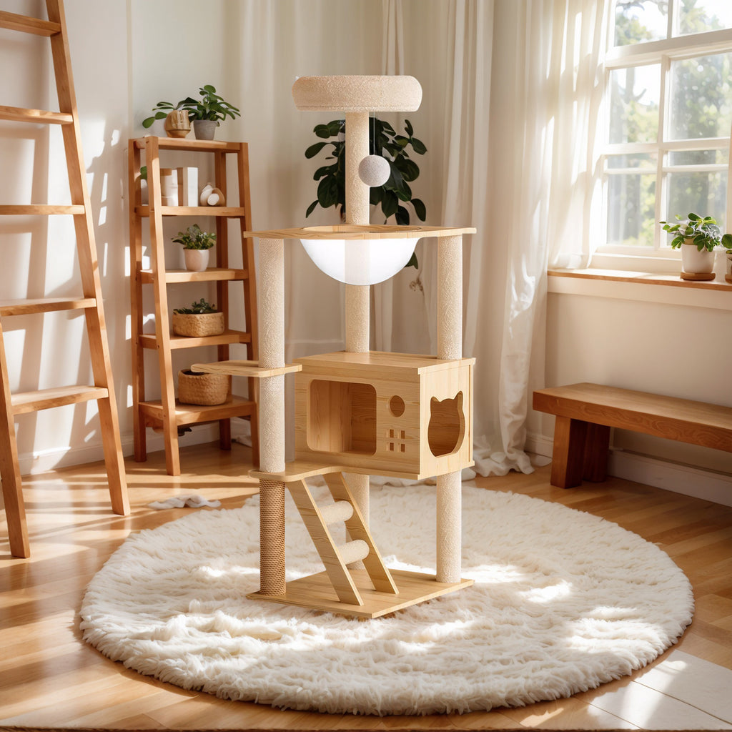 Modern Solid Wood Cat Tree - Nordic Minimalist Cat Tower