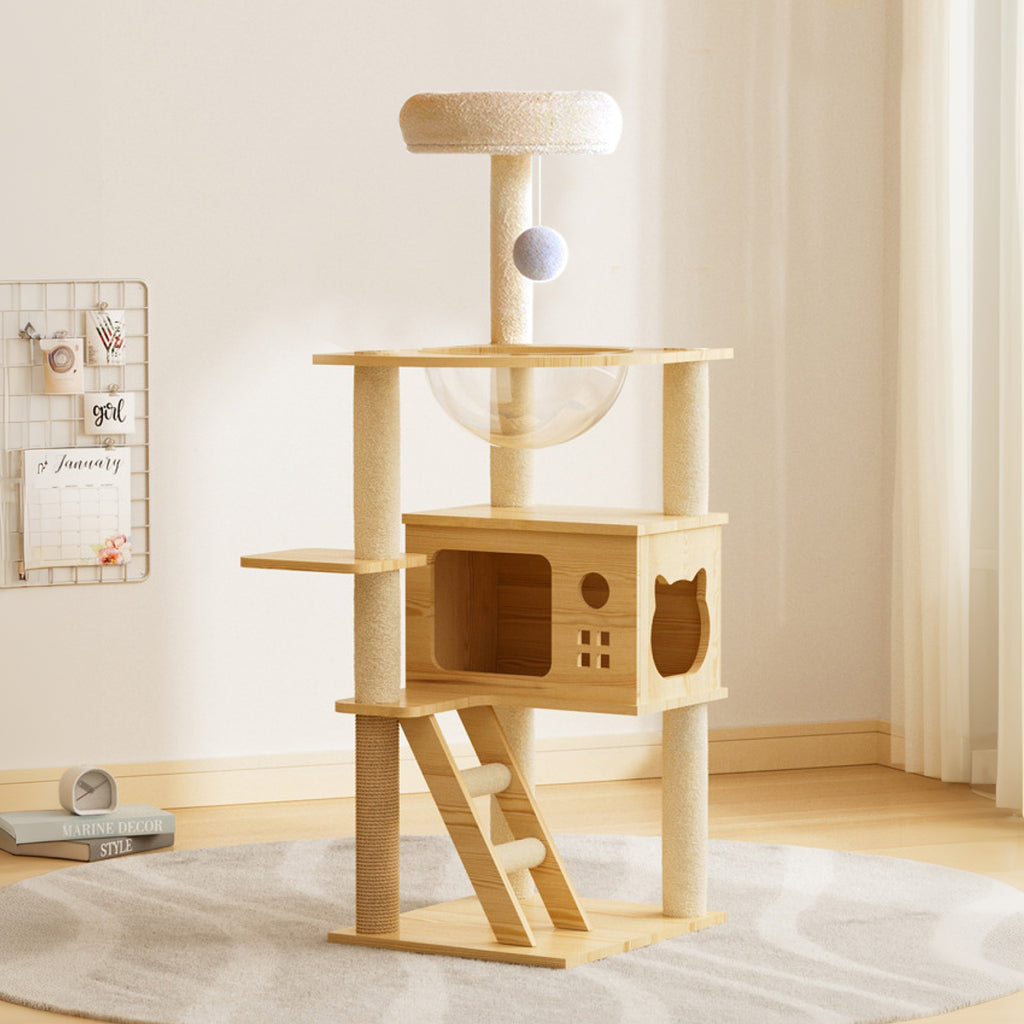 Modern Solid Wood Cat Tree - Nordic Minimalist Cat Tower