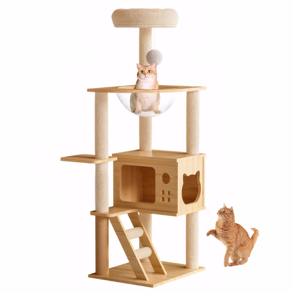 Modern Solid Wood Cat Tree - Nordic Minimalist Cat Tower