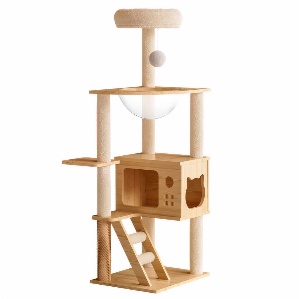 Modern Solid Wood Cat Tree - Nordic Minimalist Cat Tower